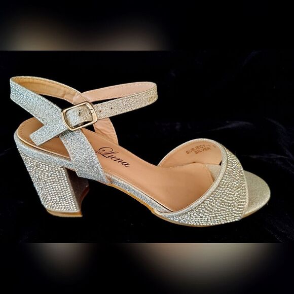 Rhinestone sparkle Silver Chunky Heel Shoes Sandals Sz 6 - Picture 3 of 16